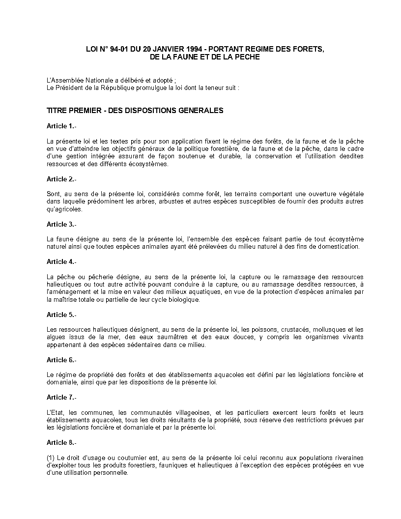 Loi_n°_94-01_du_20_janvier_1994_portant_régime_des_forêts,_de_la_faune_et_de_la_pêche_Page1 - aticles 1, 2, 3, 4, 6, 7 & 8 