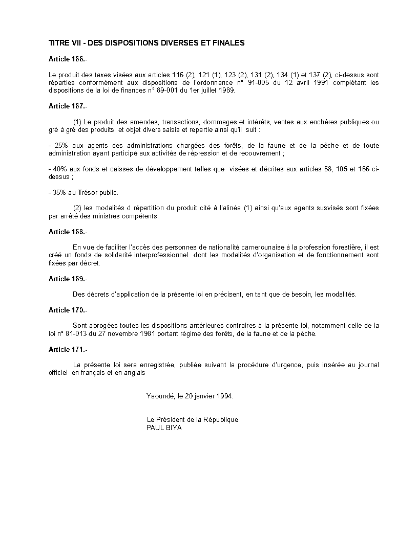 Loi_n°_94-01_du_20_janvier_1994_portant_régime_des_forêts,_de_la_faune_et_de_la_pêche_Page32 - aticles 166, 167, 168, 169, 170 & 171 